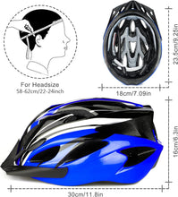 Load image into Gallery viewer, Blue and black Bike helmet with measurement chart on a white background
