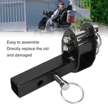 Load image into Gallery viewer, Heavy-duty mobility scooter rear mounting bracket featuring dual locking pins, square tow bar receiver, and reinforced metal plate for secure accessory attachment
