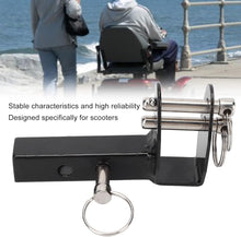 Load image into Gallery viewer, Heavy-duty mobility scooter rear mounting bracket featuring dual locking pins, square tow bar receiver, and reinforced metal plate for secure accessory attachment
