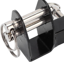 Load image into Gallery viewer, Aluminium alloy mobility scooter trailer hitch bracket shown in close-up, focusing on the secure pin locking mechanism and reinforced mounting plates
