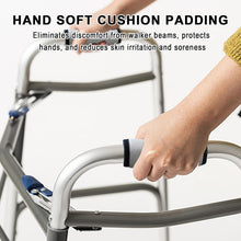 Load image into Gallery viewer, Elderly individual comfortably using a rollator walker equipped with padded handle grip covers, highlighting improved hand support, reduced fatigue, and enhanced mobility confidence.
