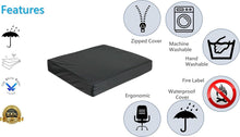 Load image into Gallery viewer, Ergonomic pressure-relief cushion with icons indicating waterproof cover, fire-retardant safety label, zippered removable cover, and easy cleaning by hand or machine.
