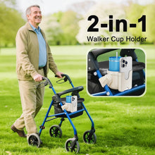 Load image into Gallery viewer, Rollator walker with a mounted 2-in-1 accessory holding a drink and smartphone while an older adult walks comfortably outdoors
