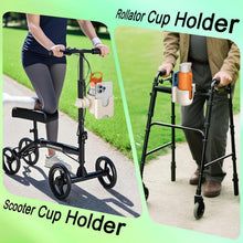 Load image into Gallery viewer, Hands-free cup holder with phone slot attached to different mobility aids, including a scooter and a walker, shown during outdoor use
