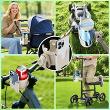 Load image into Gallery viewer, Universal clamp-on cup holder with phone slot shown mounted on a stroller, bike, lawn equipment, and mobility walker in different outdoor settings
