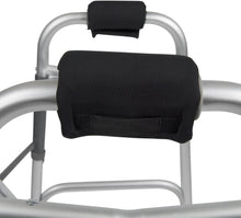 Load image into Gallery viewer, One pair of black walker padded hand grip covers displayed on a white background, featuring soft breathable fabric, foam cushioning, and wrap-around design for mobility aid handles.
