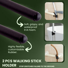 Load image into Gallery viewer, Walking stick holder showing flexible rubber material and example uses on cane and crutches
