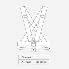 Load image into Gallery viewer, Bookman Reflective Cross Belt size guide showing the harness design and adjustable strap measurements.
