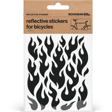 Load image into Gallery viewer, Bookman reflective black flame-shaped bicycle stickers shown on a product packaging sheet.
