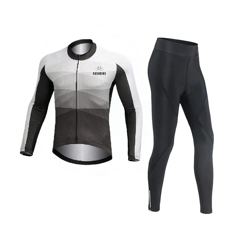 CushBike men’s winter cycling wear – black fleece-lined long‑sleeve jersey made for cold‑weather rides, featuring thermal insulation, full zip, and snug fit for layering.