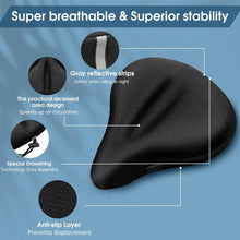 Load image into Gallery viewer, Comfortable padded bicycle saddle cover with gel cushioning, ideal for indoor and outdoor cycling, enhancing comfort for long rides.
