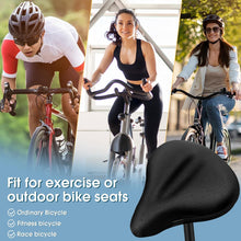 Load image into Gallery viewer, Comfortable padded bicycle saddle cover with gel cushioning, ideal for indoor and outdoor cycling, enhancing comfort for long rides.

