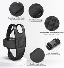 Load image into Gallery viewer, Black wheelchair safety harness vest with front and back pockets, waterproof oxford fabric, breathable mesh lining, and one-click quick-release buckle detail.
