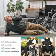 Load image into Gallery viewer, Elderly man fallen beside wheelchair at home, highlighting fall risk, with images showing wheelchair safety harness providing 360-degree protection indoors and outdoors.
