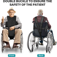 Load image into Gallery viewer, Front and back view of elderly man in wheelchair wearing double-buckle safety harness vest for secure support and fall prevention.
