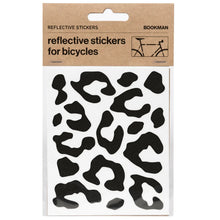 Load image into Gallery viewer, Bookman black reflective leopard stickers for bicycles displayed in original product packaging.
