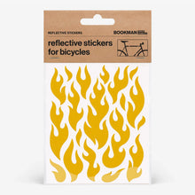 Load image into Gallery viewer, Yellow reflective flame-shaped stickers for bicycles shown on a product packaging sheet.

