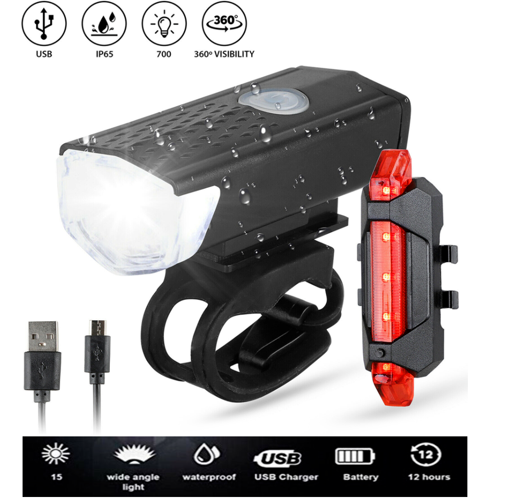 USB Rechargeable Bike Lights Rear Front Hazard Waterproof LED